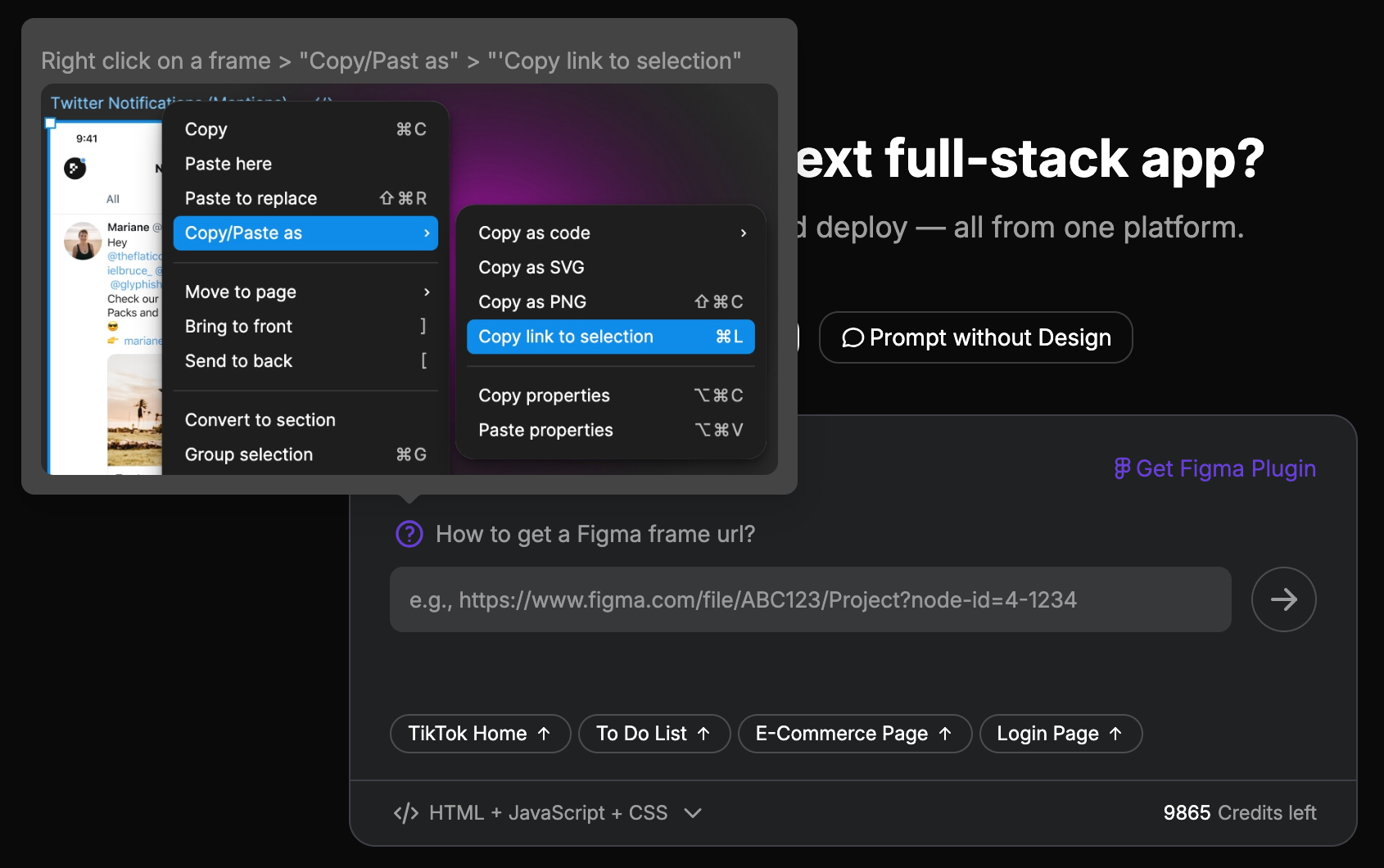 Figma to HTML conversion interface showing seamless design import