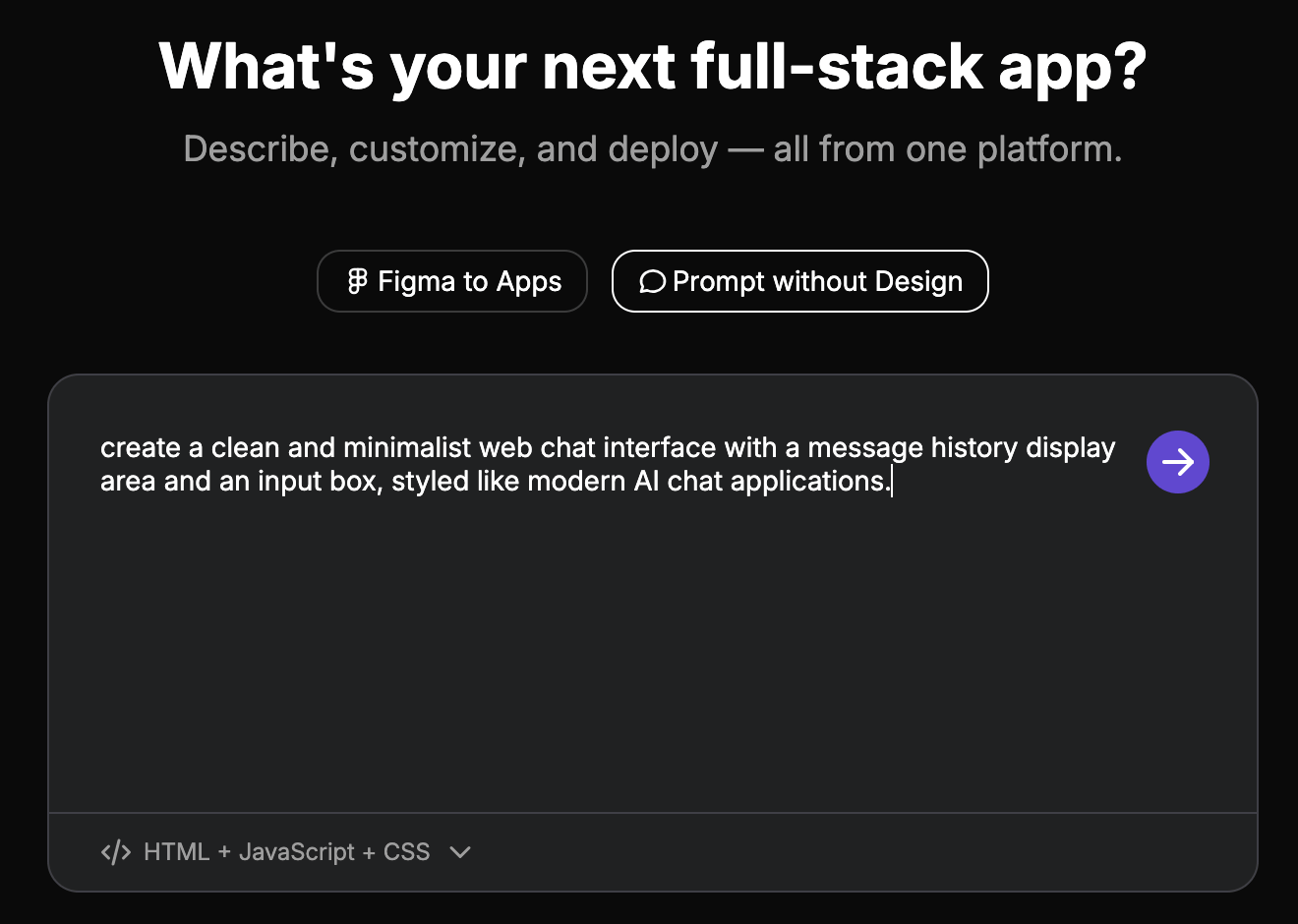 AI HTML Generator interface showing natural language input and code generation