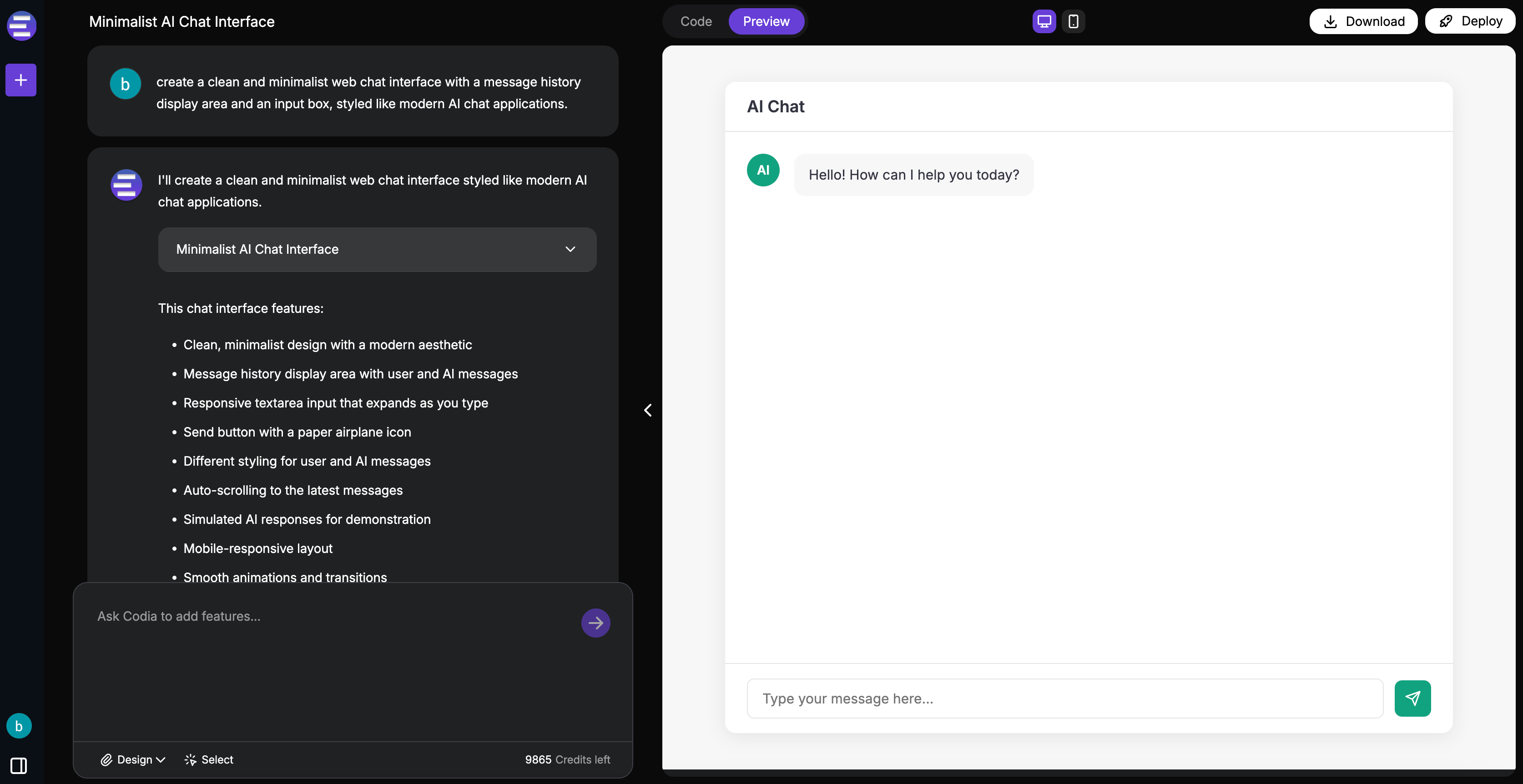 Codia AI HTML Code Generator Interface showing the main workspace with code generation capabilities