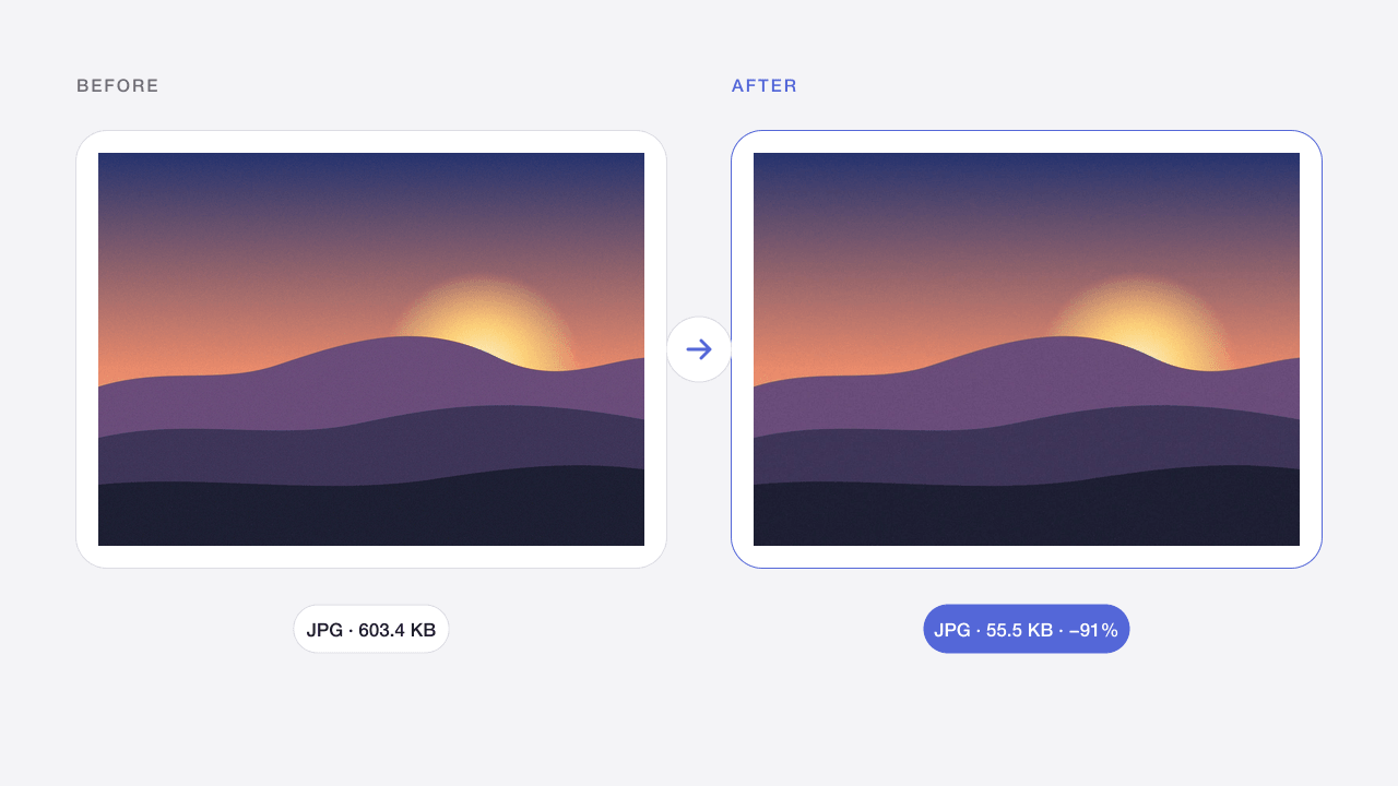 Before and after: a high-quality JPG photo recompressed at the Recommended level