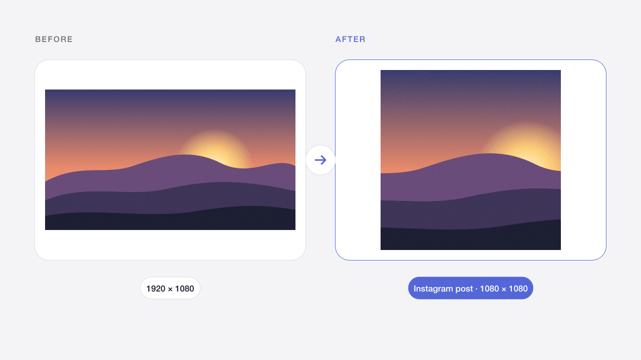 Before and after: a landscape photo cropped to a 1080 × 1080 Instagram post